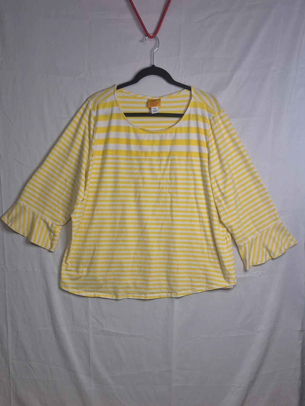 Ruby Rd. Yellow and White Striped Ruffle-Sleeve Top